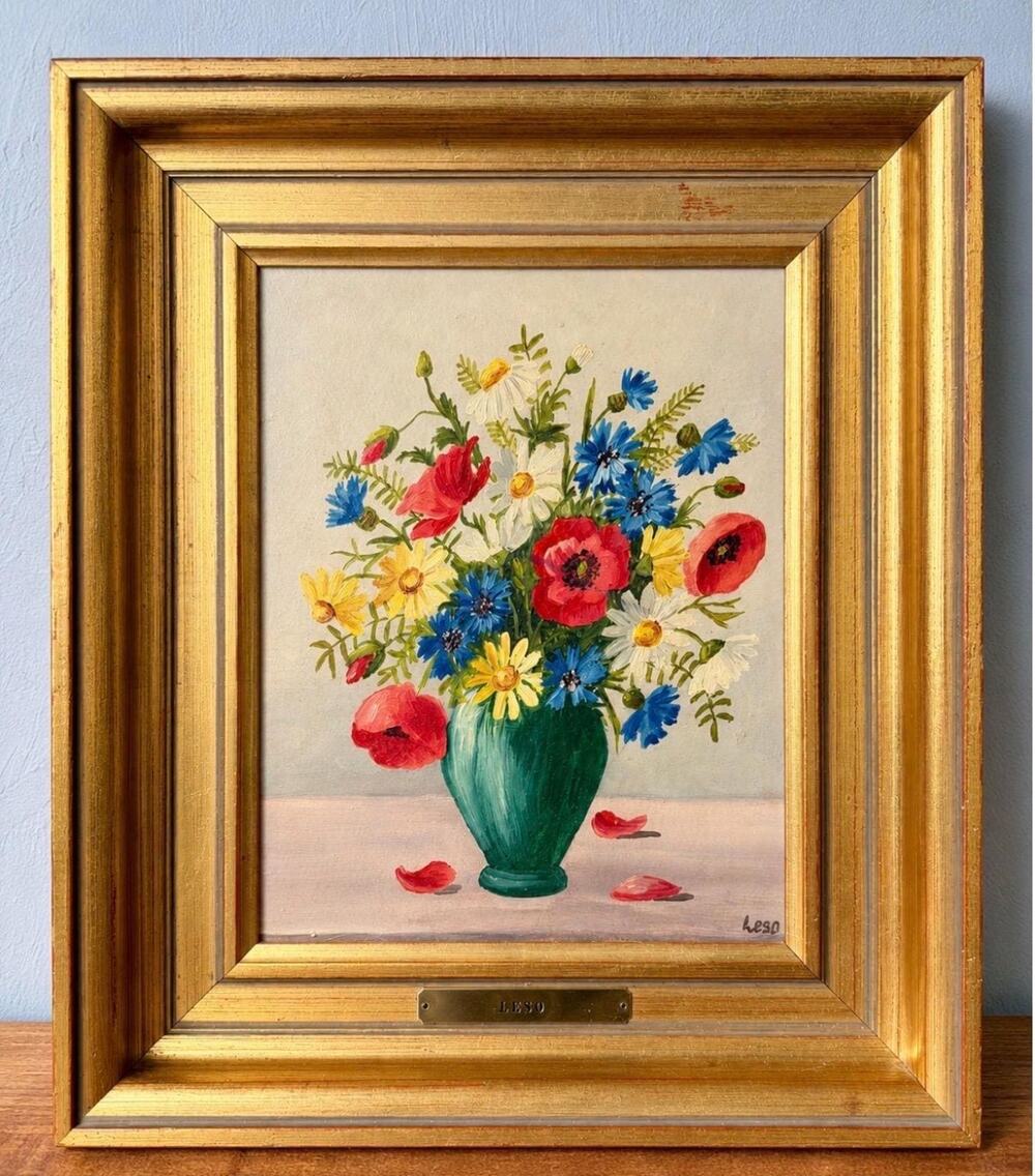 Vintage LESO Italian Oil Painting: Wildflowers Still Life, Signed Gold Frame